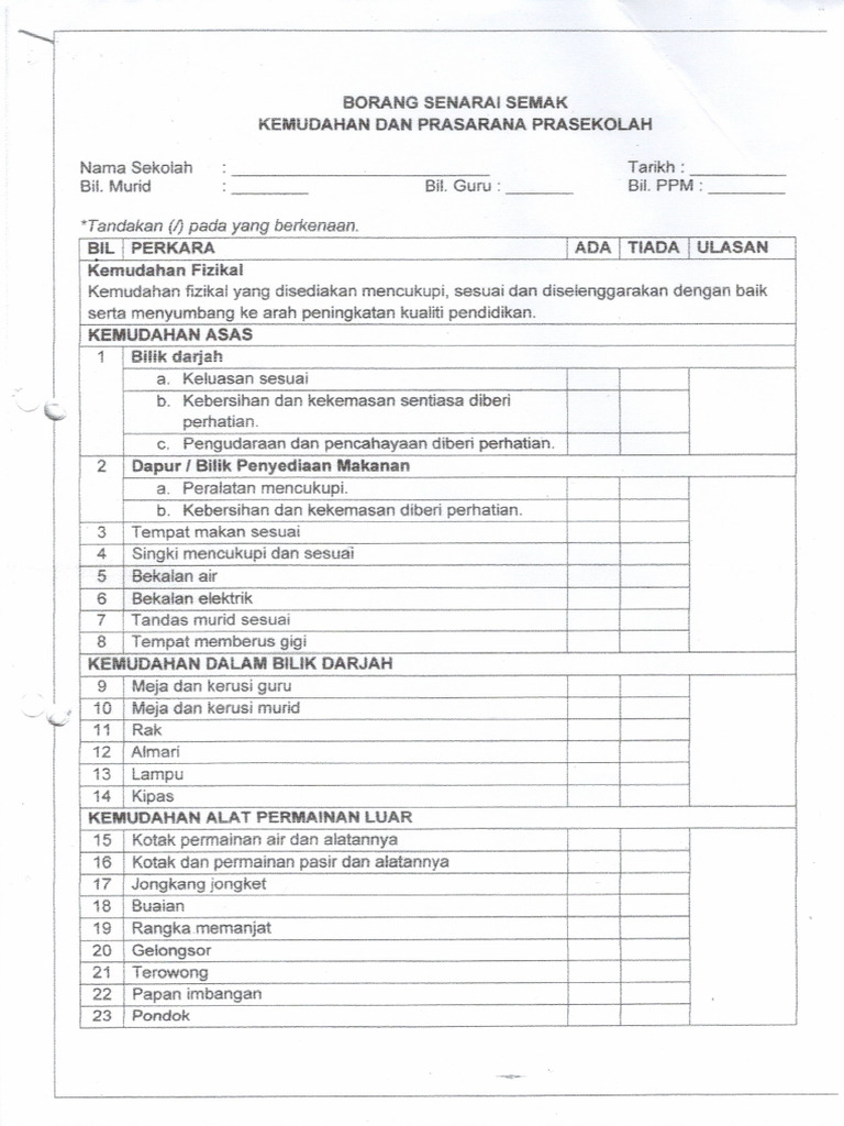 Borang Senarai Semak Prasarana Prasekolah | PDF