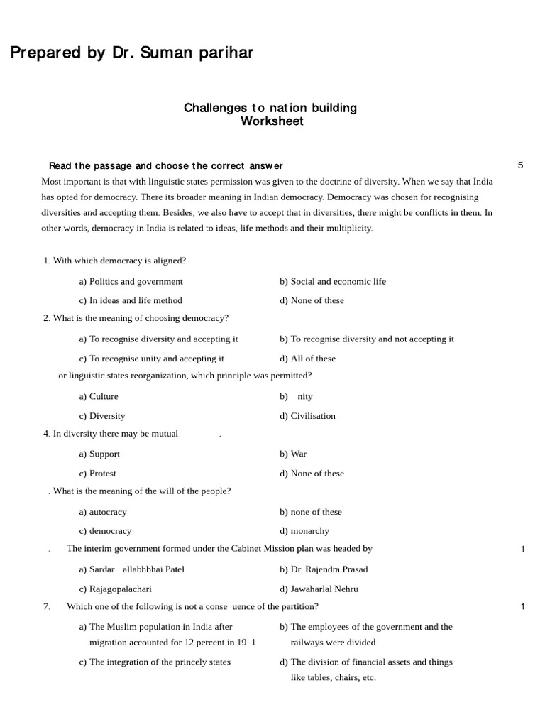 Challenges of Nation Buillding Worksheet PDF Partition Of India