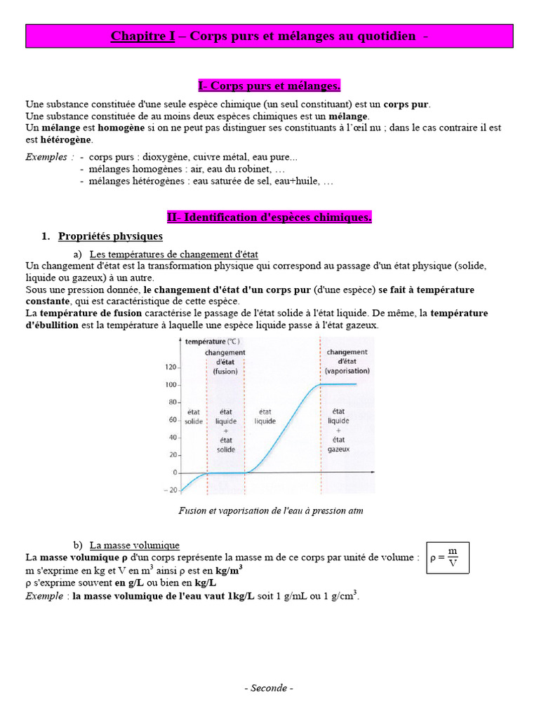 Corps purs et mélanges en physique-chimie | PDF | Chimie | Fusion ...