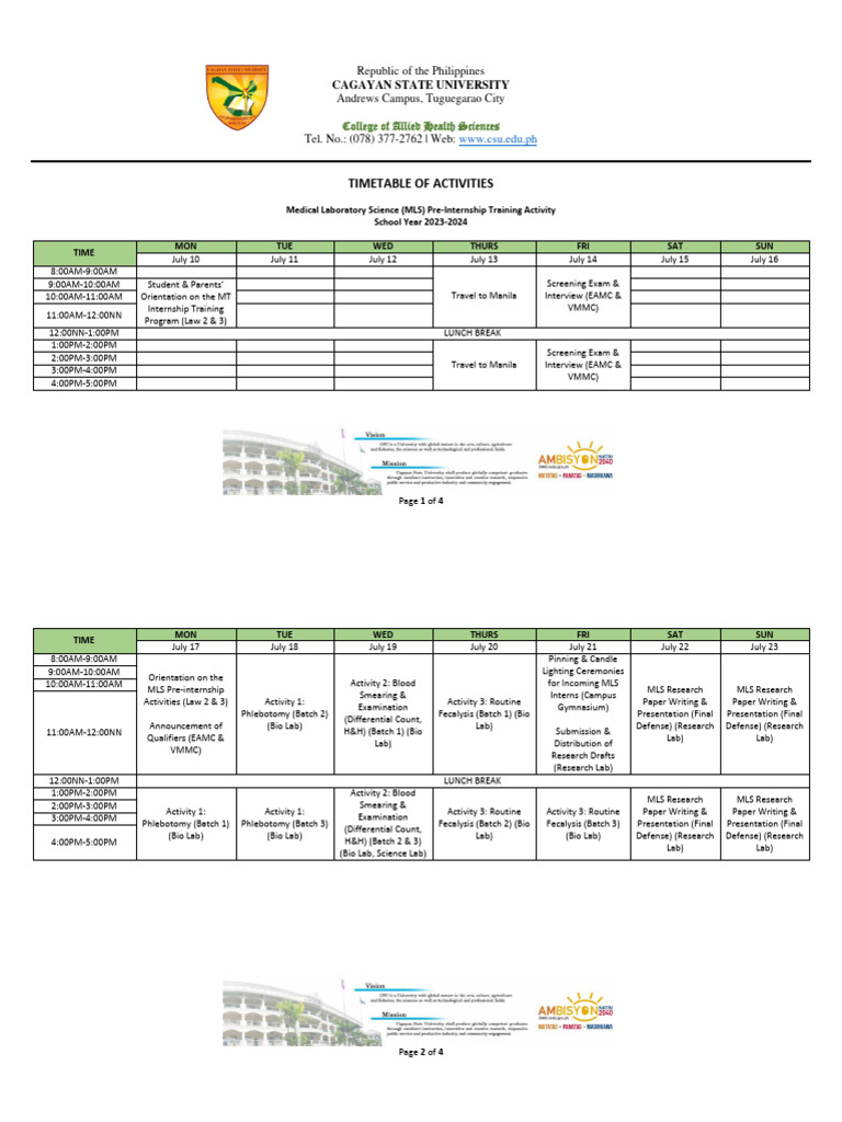 Timetable of MT Pre Internship Activity As of July 10 2023 | PDF ...