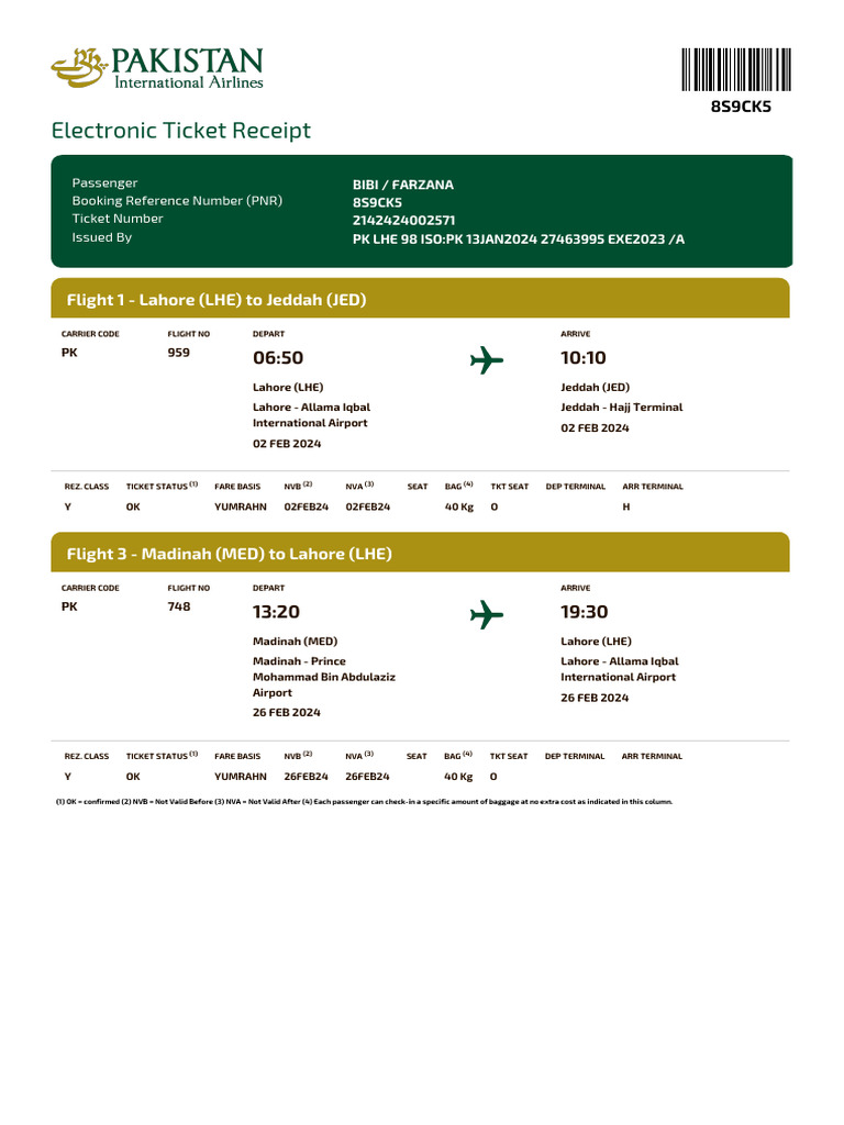 PIA Flight Ticket Details and Status | PDF