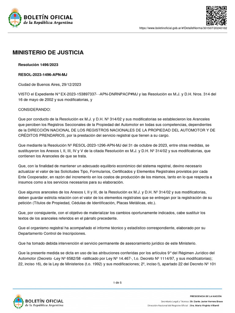 Resolucion ministerio de justicia 149623 modificacion aranceles 8 9