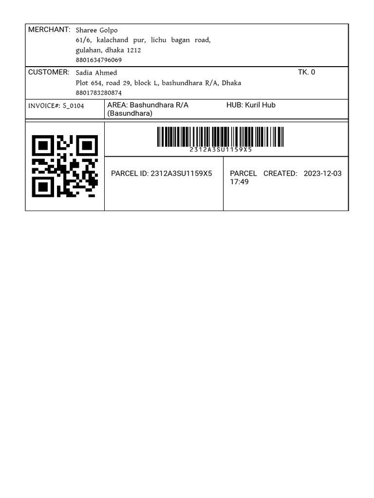 Invoice S_0104 for Bashundhara R/A Parcel | PDF
