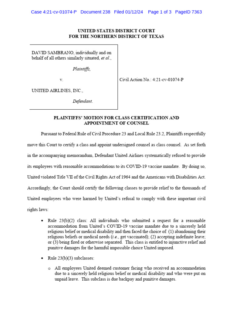 Class Certification for United Flight 238 | PDF | Class Action | United ...