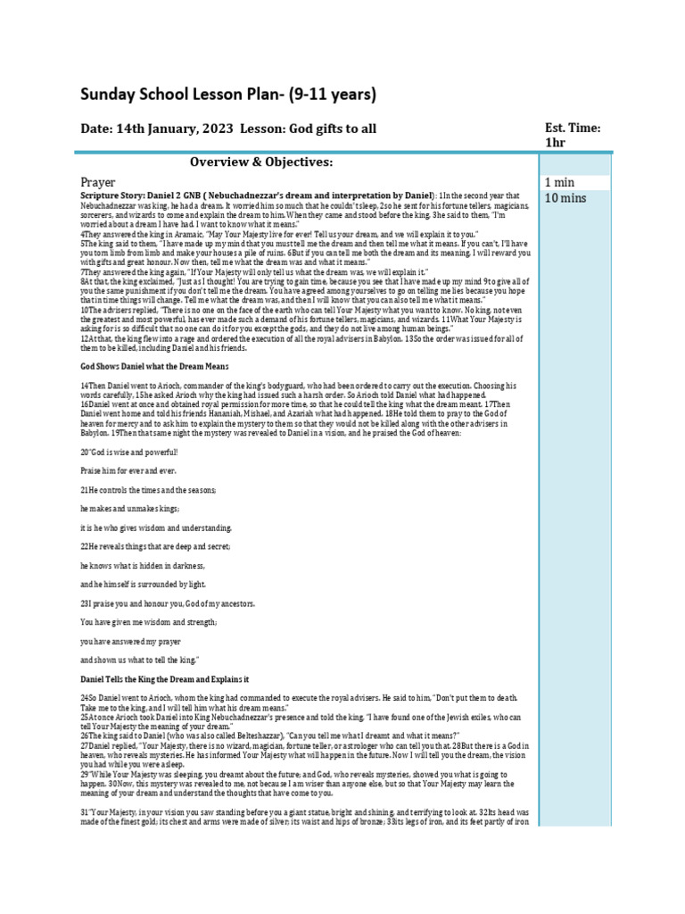 Sunday School Lesson Plan | PDF | Daniel (Biblical Figure)