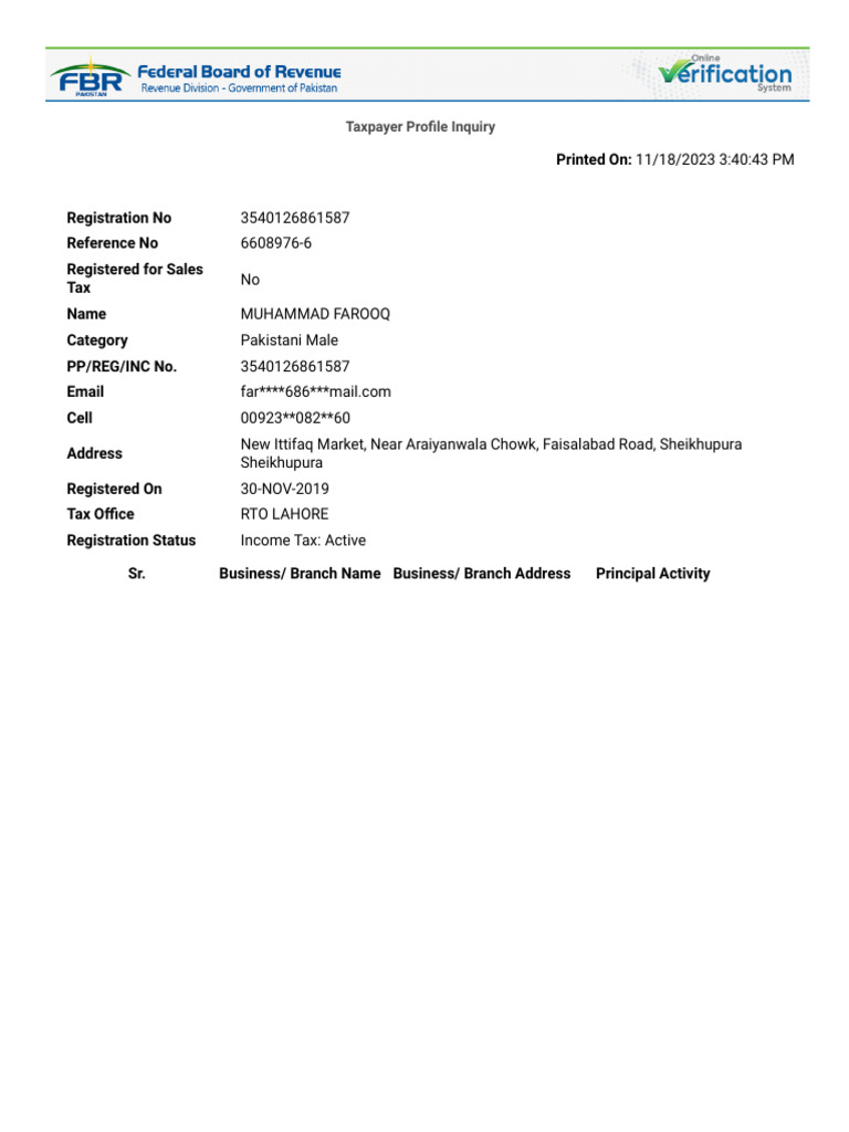 Taxpayer Profile Inquiry for Muhammad Farooq | PDF | Finance & Money ...