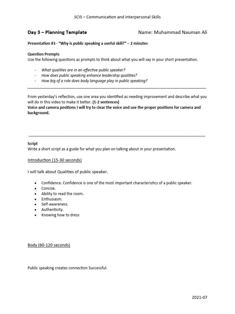 Public Speaking Skills Reflection | PDF | Communication | Public Speaking