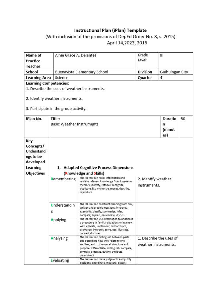 Basic Weather Instruments iPlan Template | PDF | Science & Mathematics