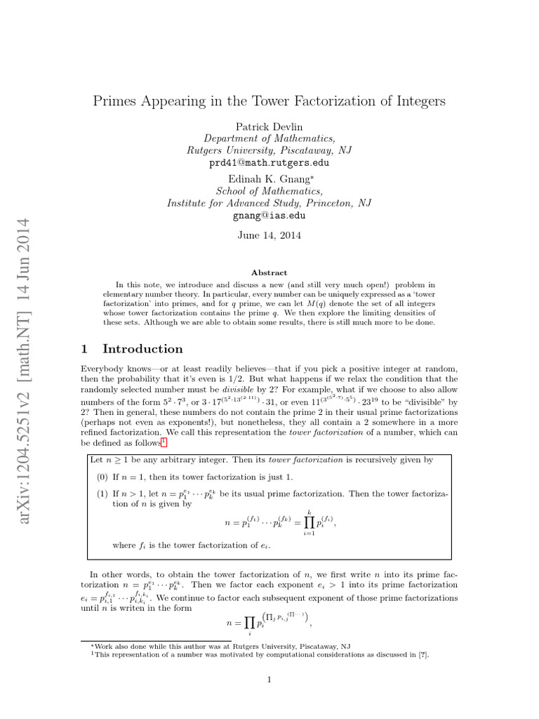 Primes Appearing in The Tower Factorization of Integers | PDF ...