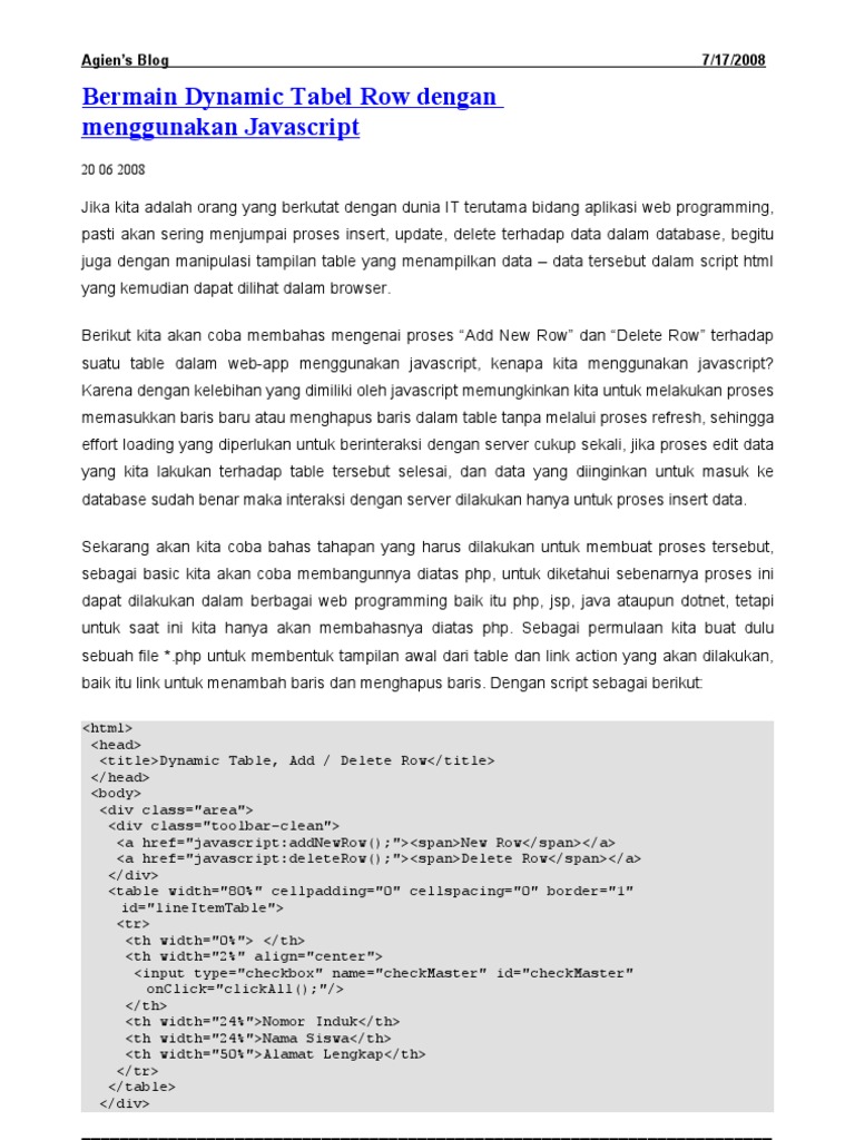 Bermain Dynamic Tabel Row Dengan Menggunakan Javascript | PDF