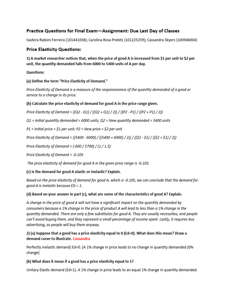 Practice questions for final exam assignment due last day of classes