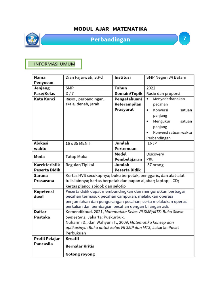Modul Ajar Matematika: Rasio & Perbandingan | PDF