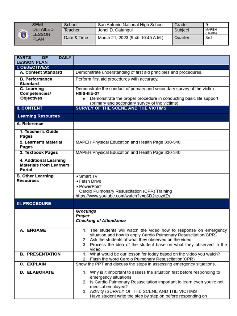 First Aid Lesson Plan for Grade 9 MAPEH | PDF | Emergency | First Aid