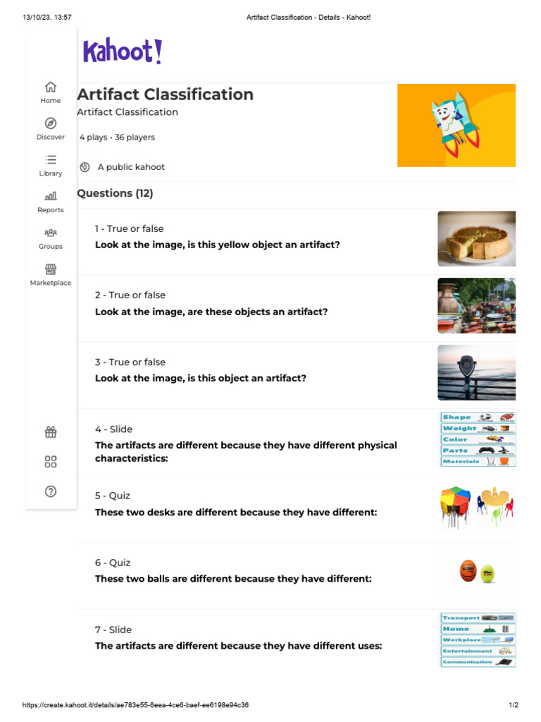 Artifact Classification Details Kahoot! PDF