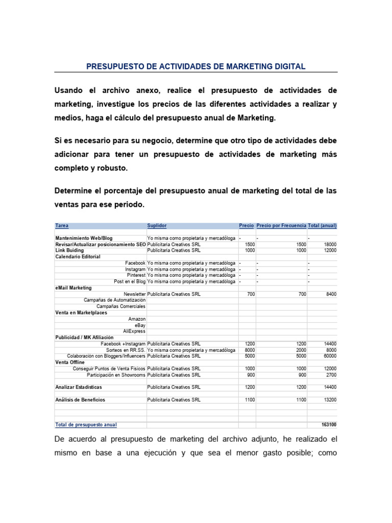 Presupuesto Anual de Marketing Digital | PDF | Presupuesto | Marketing