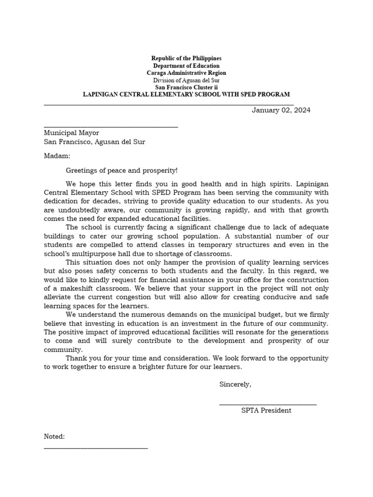 Letter For Financial Support From The Municipal Office For Materials of