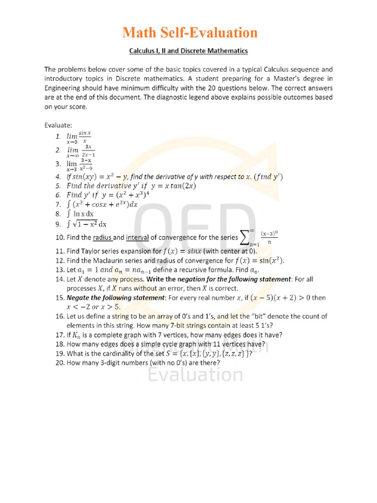 QEDDiagnosticMathSelfEvaluation_Calc1_2_DiscreteMath PDF