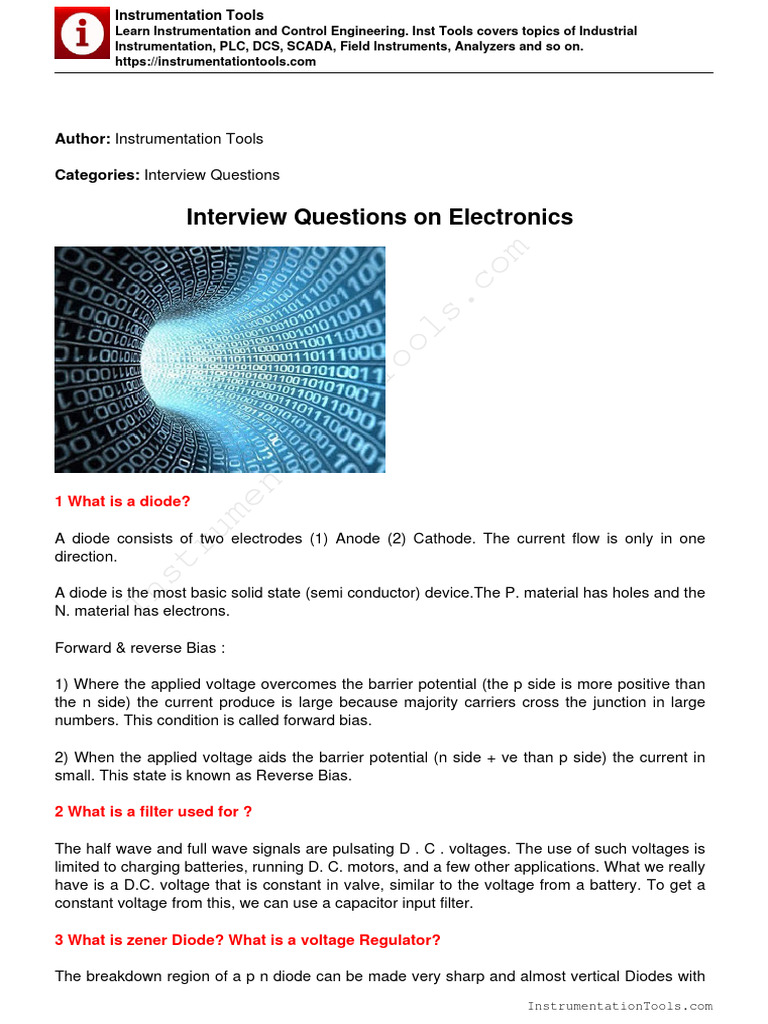 Interview Questions On Electronics PDF Bipolar Junction Transistor