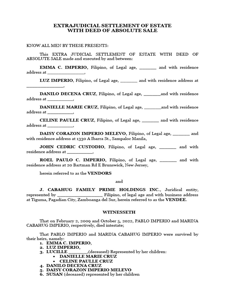 Extrajudicial Settlement of Estate With Absolute Sale PDF Justice
