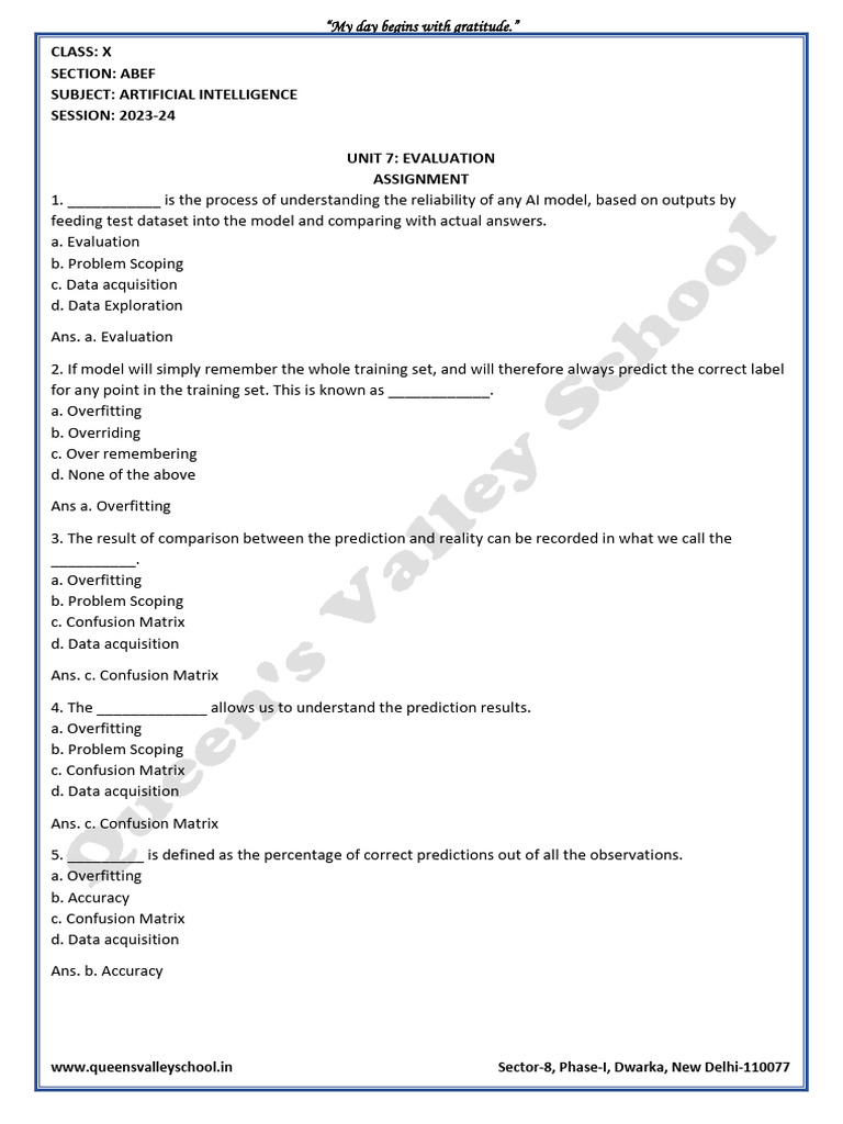 Class X Artificial Intelligence Evaluation Assignment | PDF | Accuracy ...