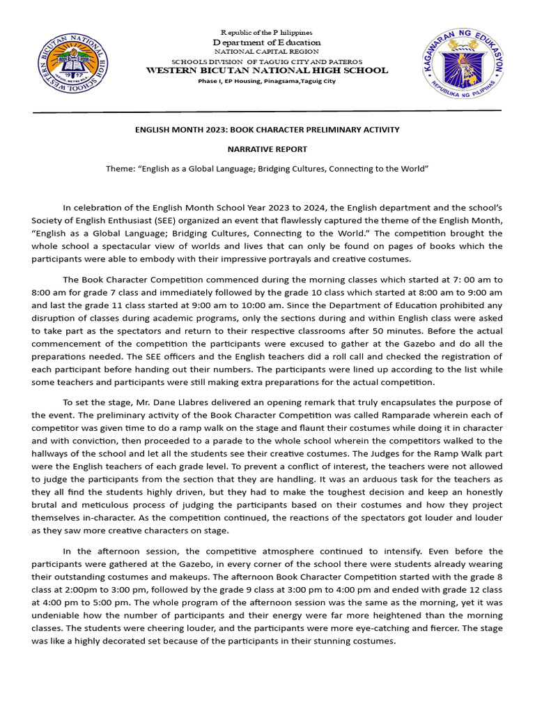 English Month Narrative Report 1 (Sy2023-2024) | PDF