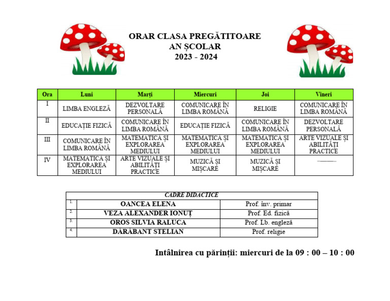 Orar Clasa Pregătitoare | PDF