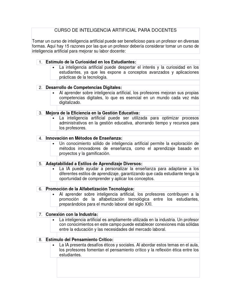 Curso de Inteligencia Artificial para Docentes | PDF | Maestros | Enseñando