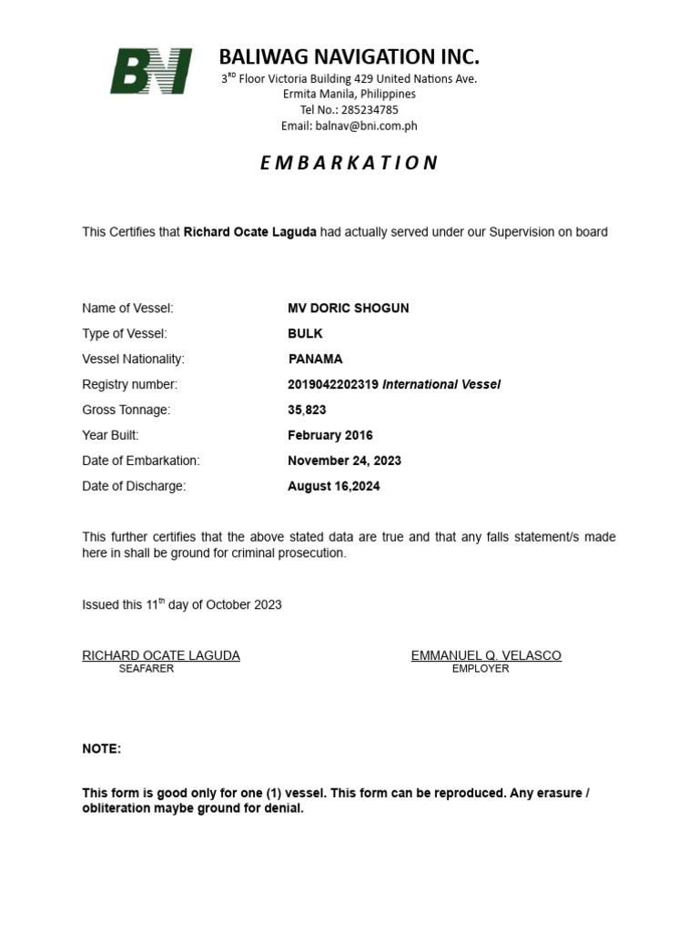 Baliwag Navigation Inc.: Embarkation | PDF