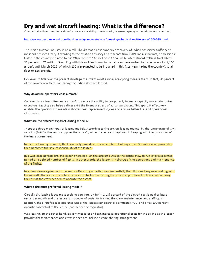 Dry and Wet Aircraft Leasing What Is The Difference PDF