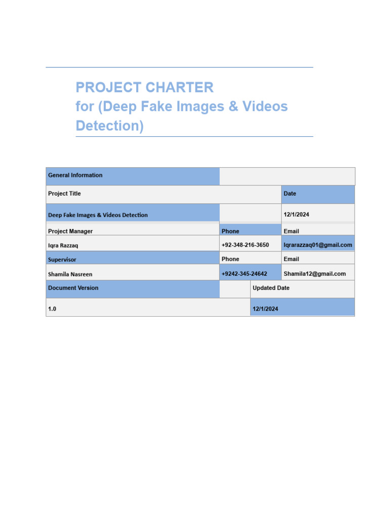 Deep Fake Detection Project Charter | PDF | Computer Vision | Software