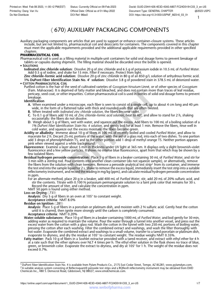 〈670〉 Auxiliary Packaging Components | PDF | Acid | Precipitation ...