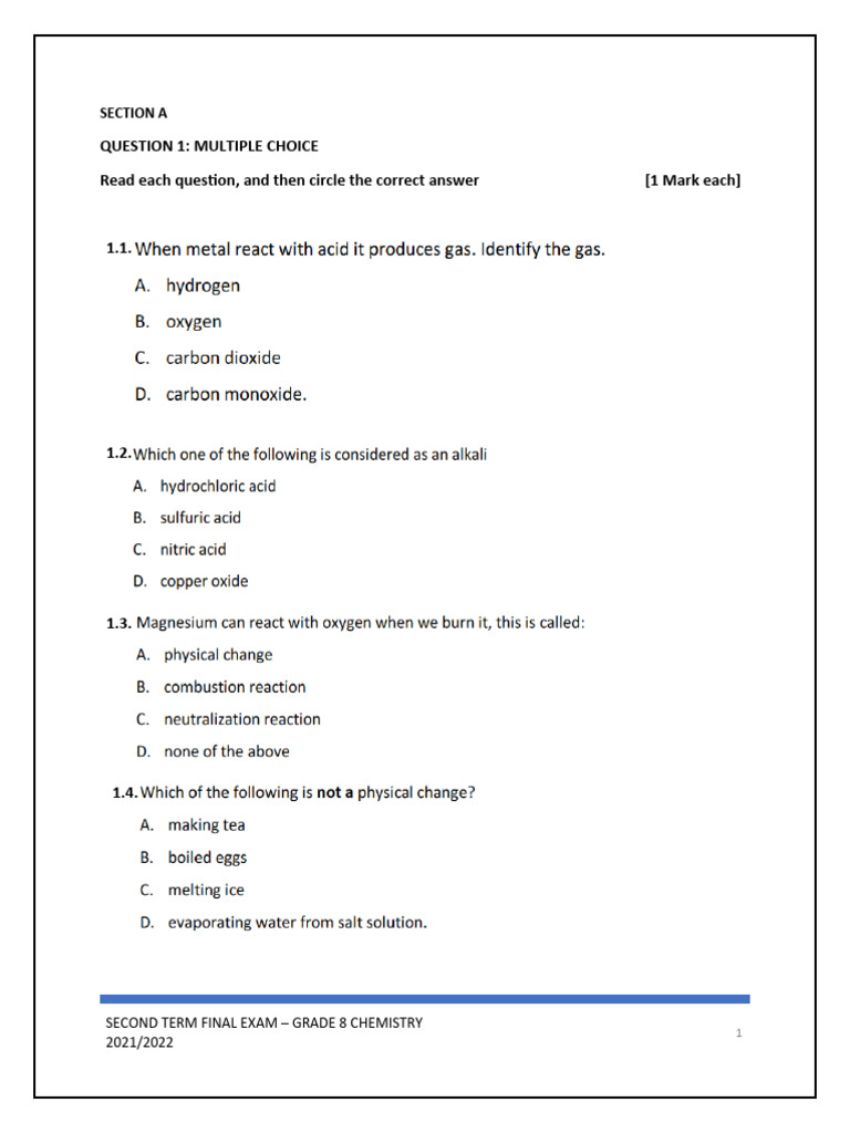 Grade 8 Chemistry Exam Questions | PDF | Chemical Reactions | Chemistry