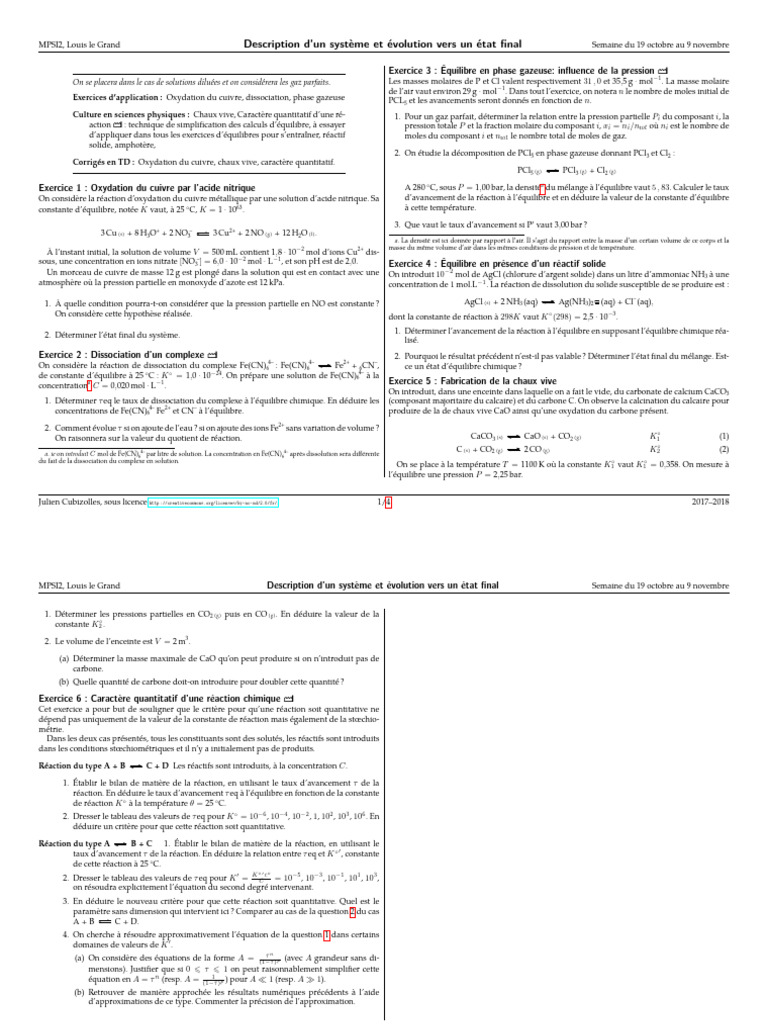 Exercices d'équilibre chimique MPSI2 | PDF
