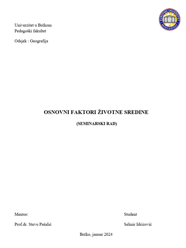 Seminarski Rad - Osnovni Faktori Životne Sredine-Geokologija | PDF