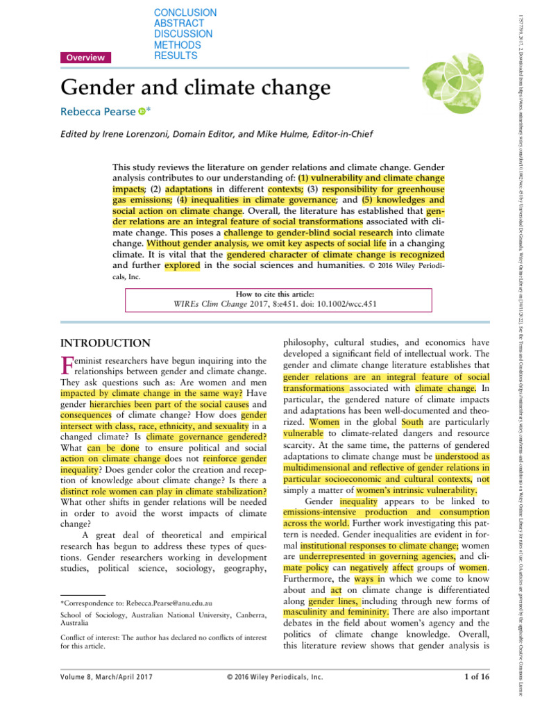WIREs Climate Change - 2016 - Pearse - Gender and Climate Change | PDF ...