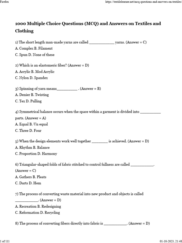 MCQ Questions and Answers on Textiles and Clothing Textile Learner