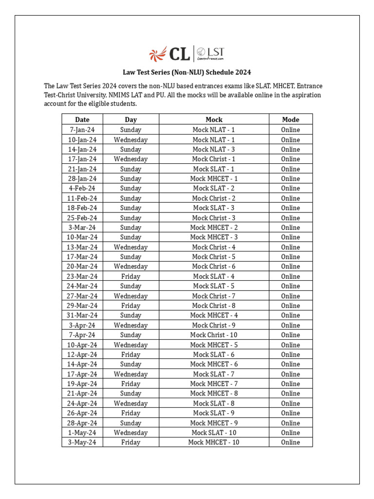 Law Test Series (NonNLU) Schedule 2024 PDF Qualifications Schools