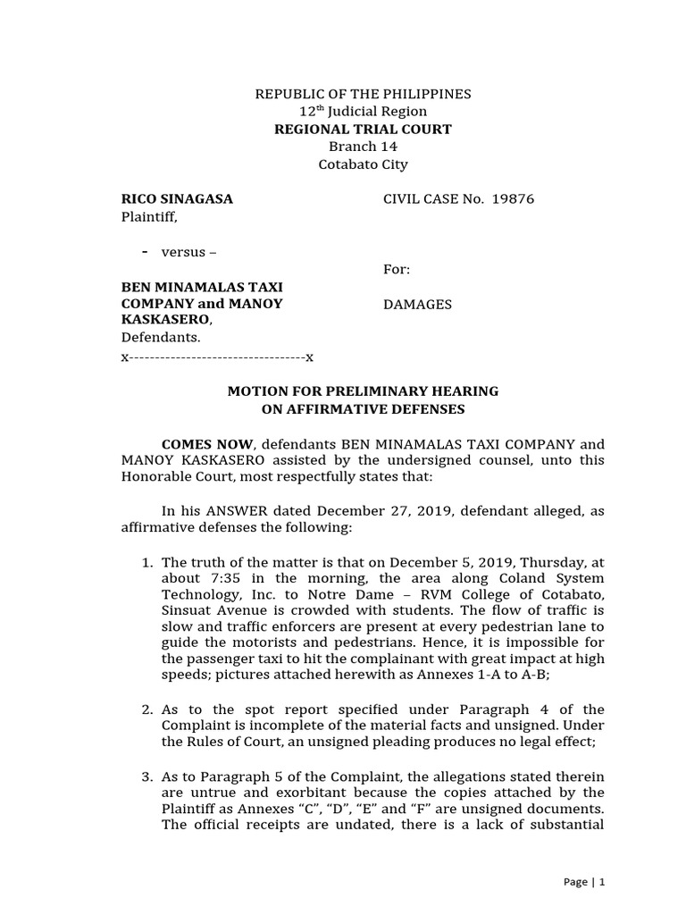 Sample Motion For Hearing of AD | PDF | Lawsuit | Complaint