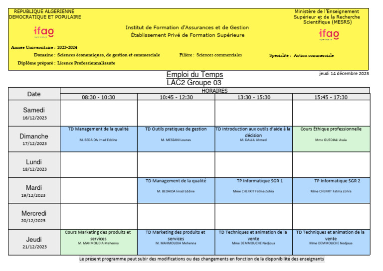 Emploi du Temps Licence MGE 2023-2024 | PDF