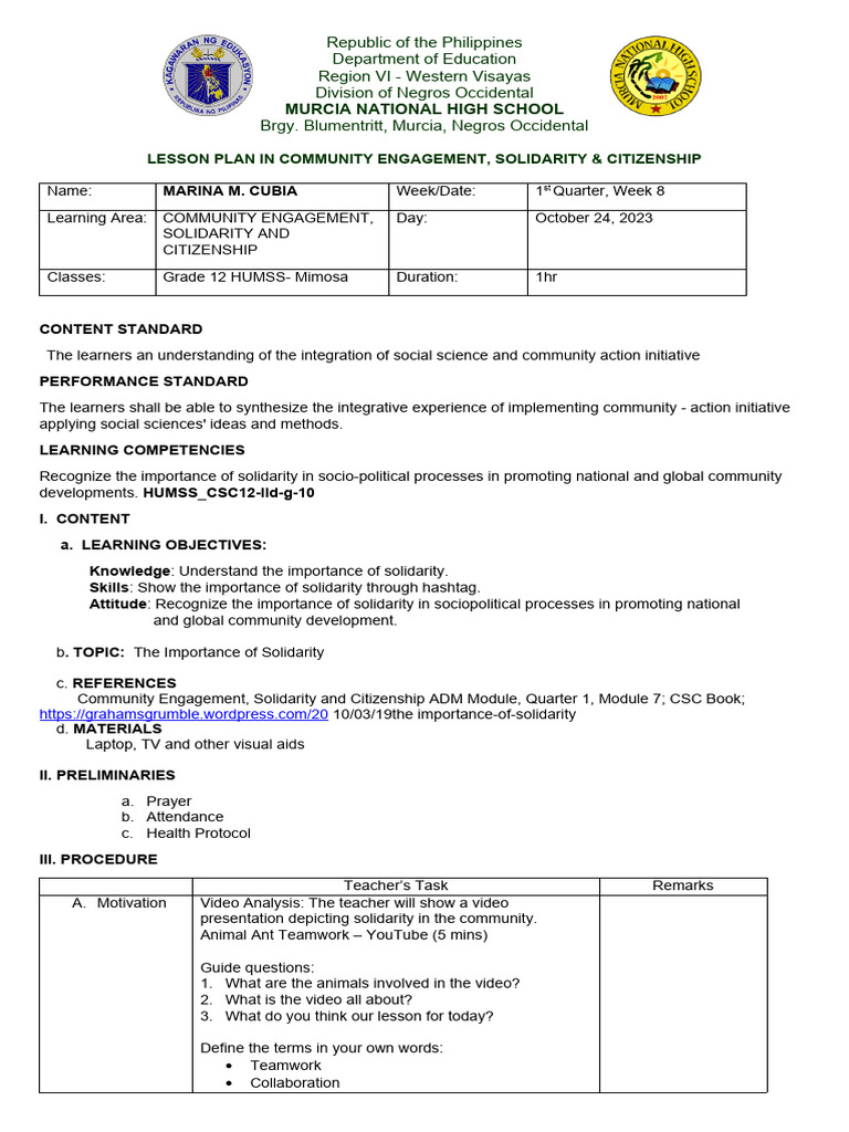 Community Engagement and Solidarity Lesson | PDF | Learning | Lesson Plan