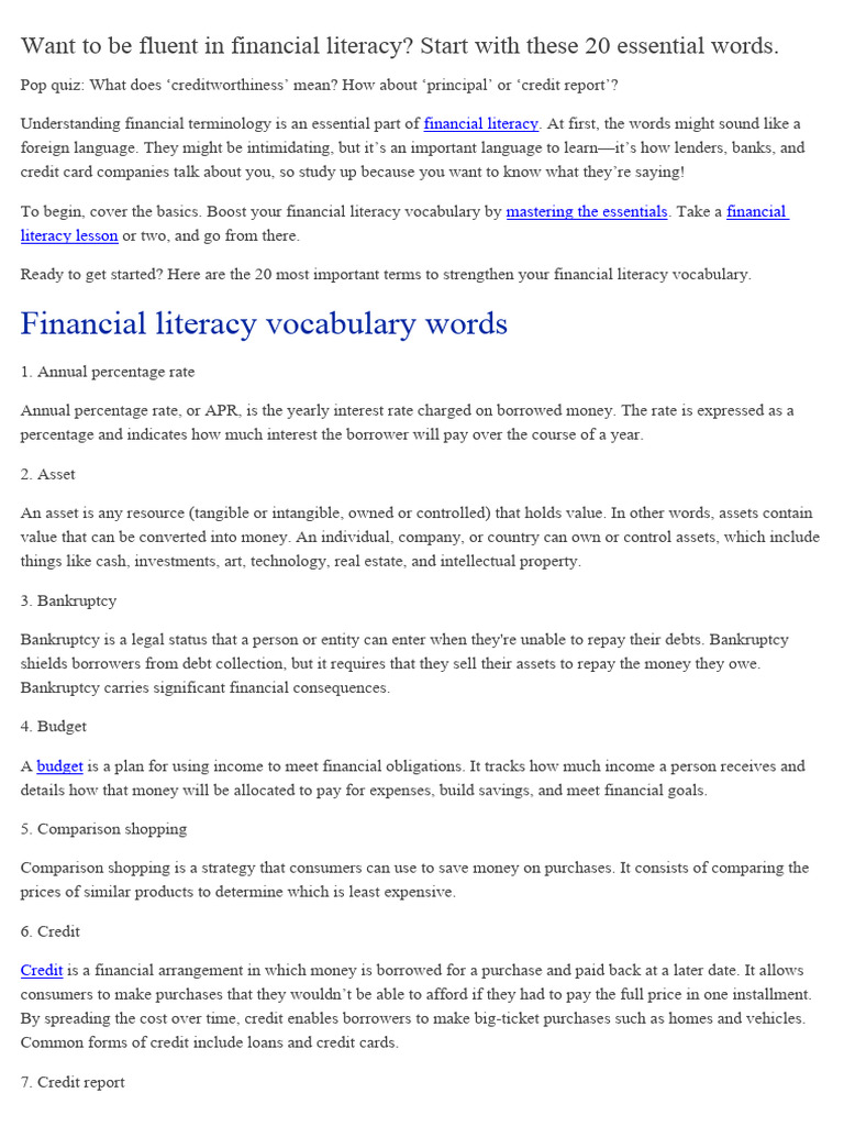 20 Essential Financial Literacy Terms | PDF | Finance & Money ...