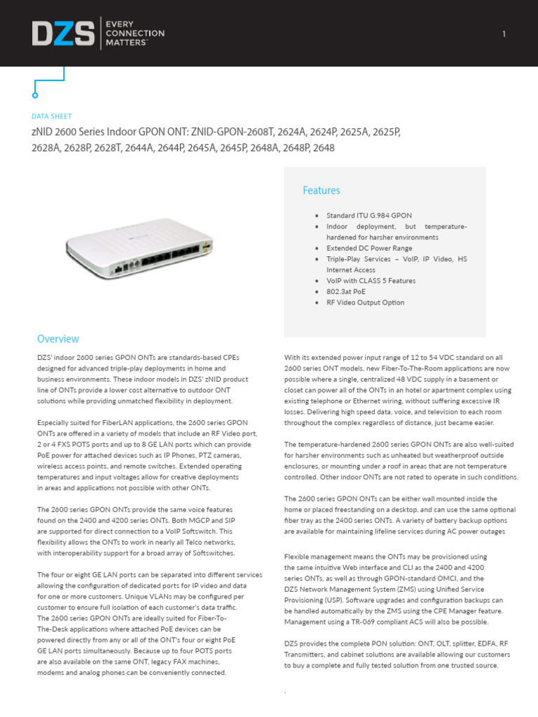 DZS 2600 Series Indoor GPON ONTs | PDF | Networking Standards ...