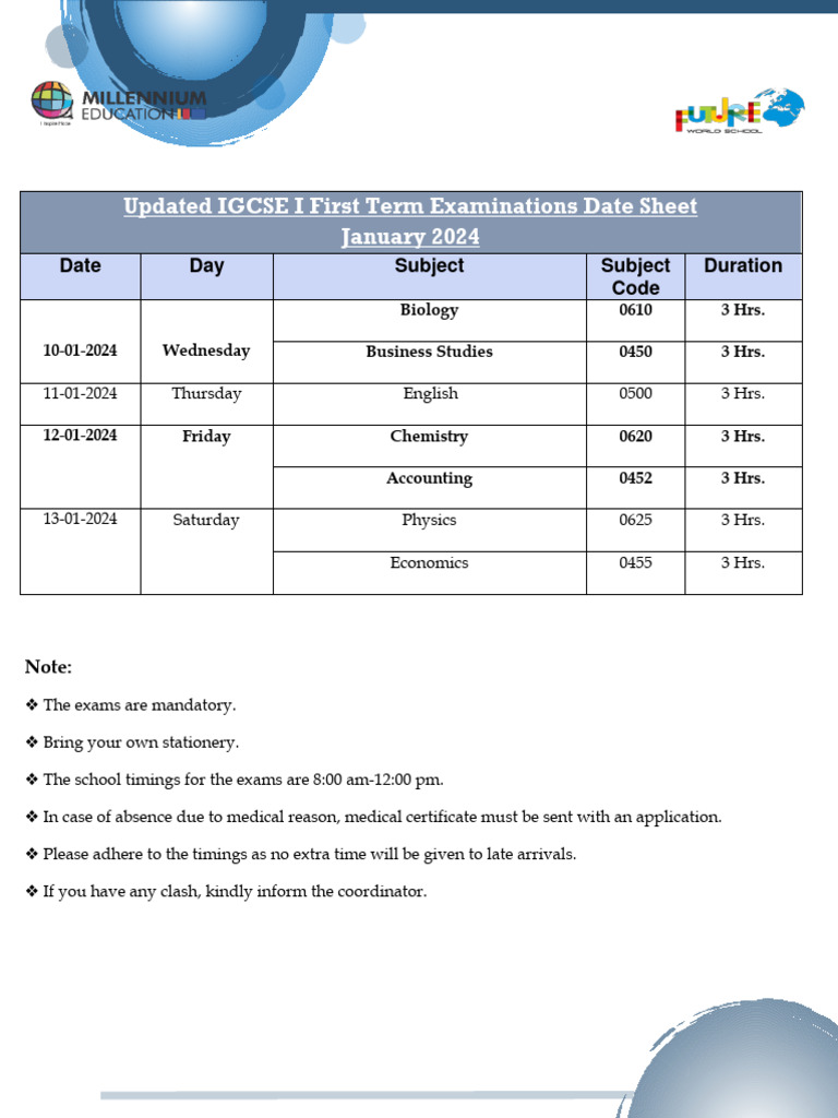 Datesheet IGCSE I January 2024 PDF