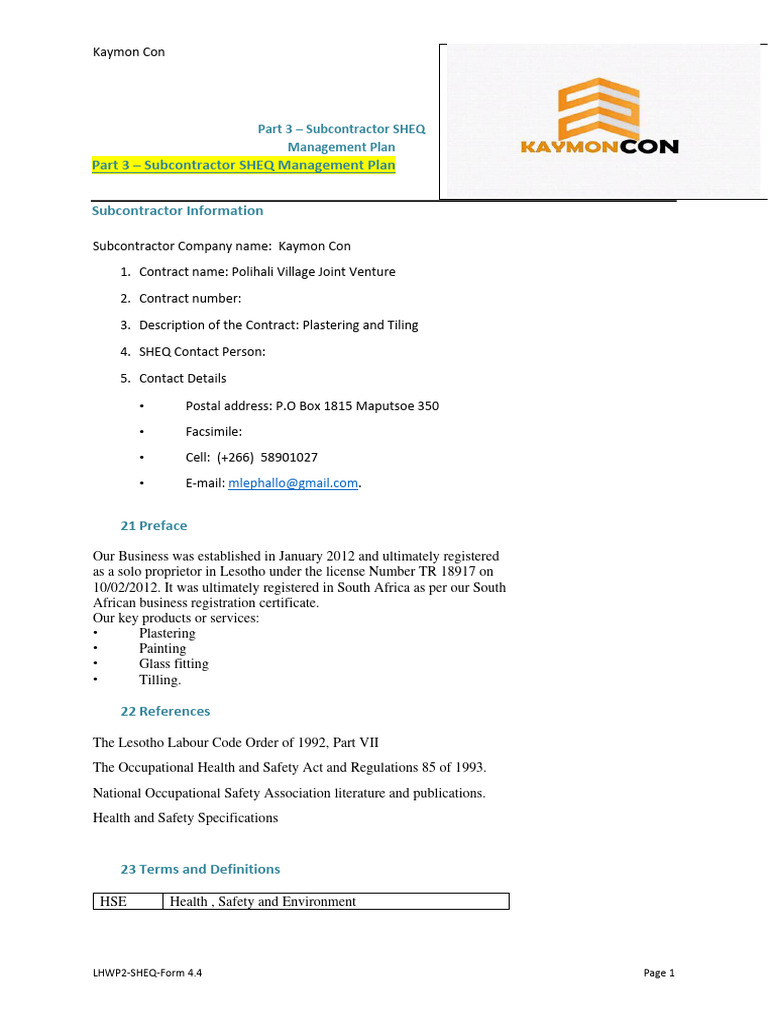 Kaymon Con SHEQ Management Plan | PDF | Occupational Safety And Health ...