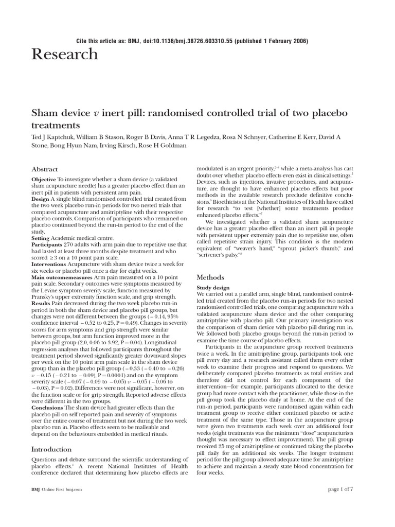 Sham Device vs Inert Pill: RCT Study | PDF | Placebo | Acupuncture