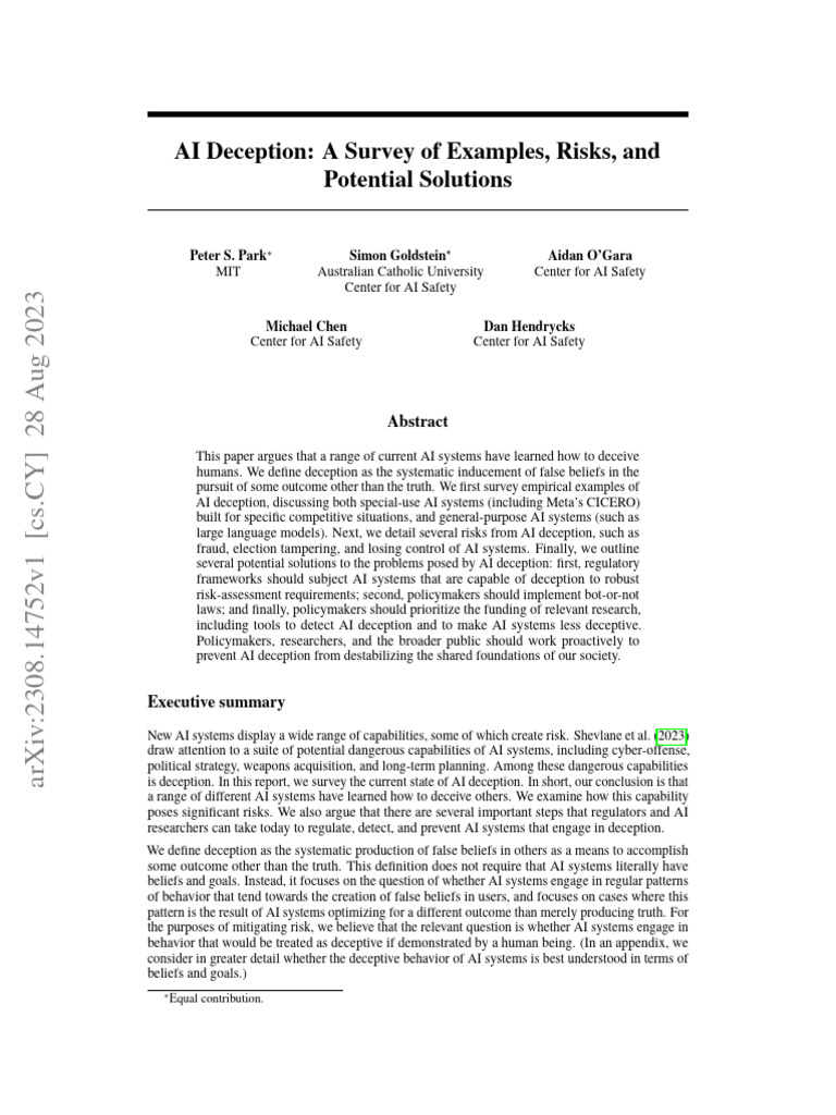 AI Deception: Risks and Solutions Survey | PDF | Artificial ...