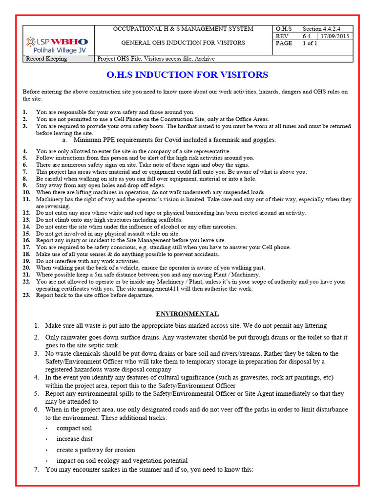 Visitor Safety Induction Guidelines | PDF | Waste | Natural Environment