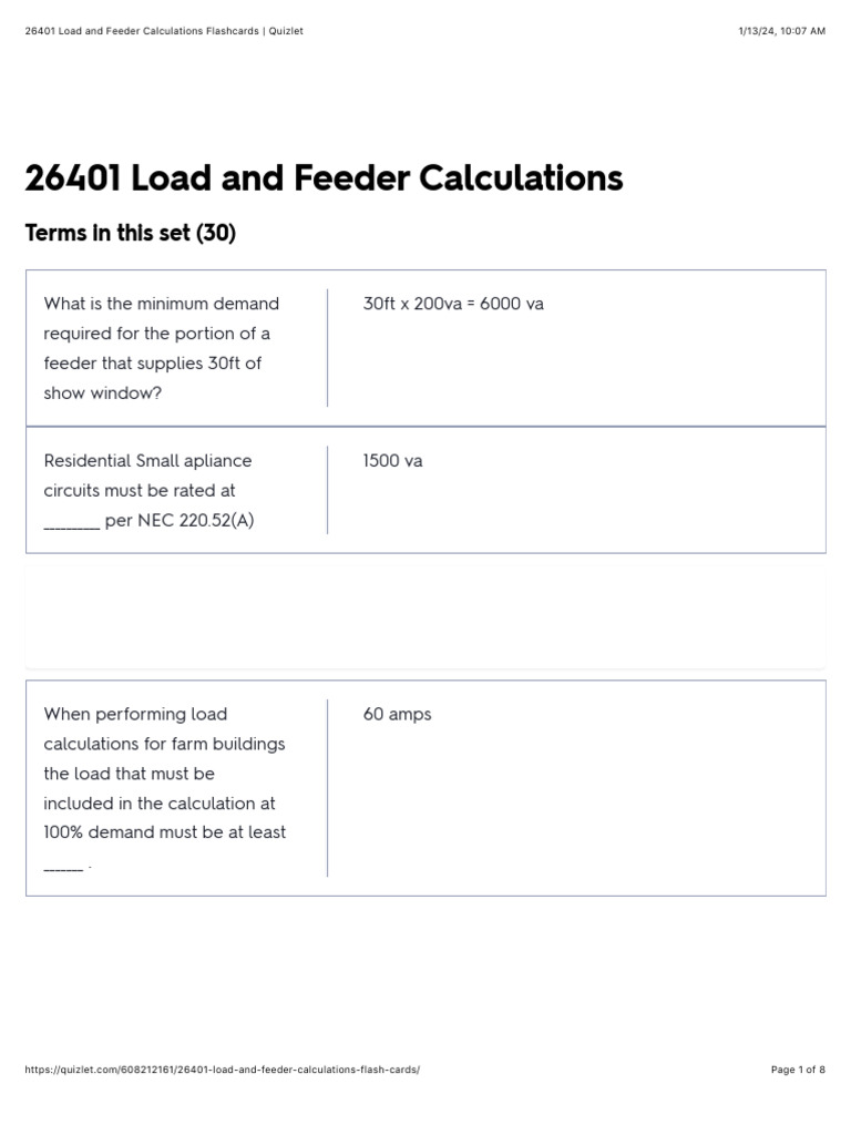 Load and Feeder Calculations Flashcards Quizlet PDF Electric