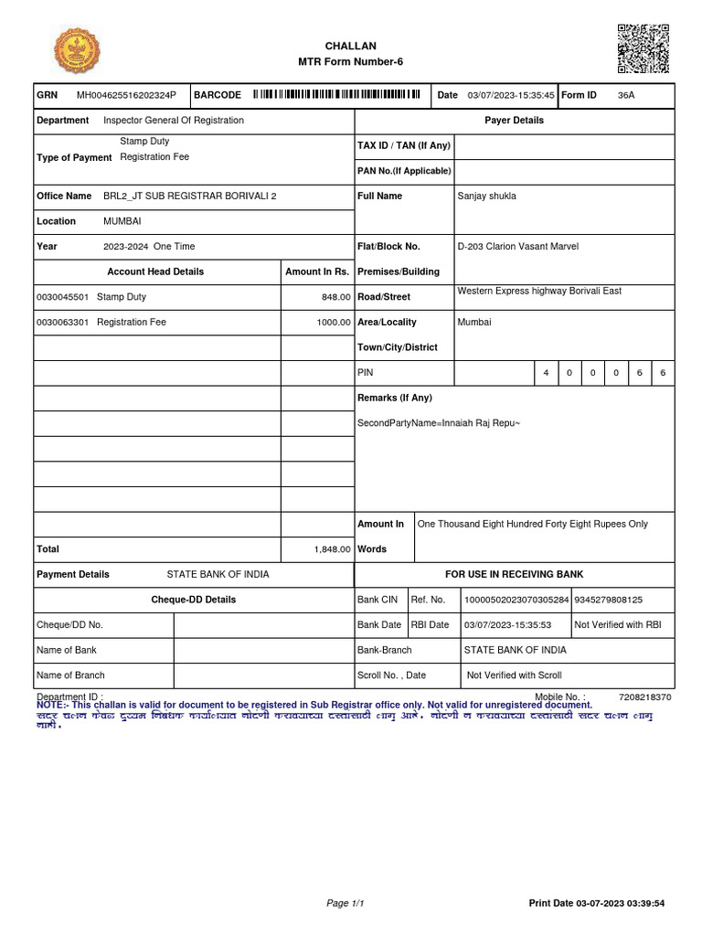 What Is Cin In Income Tax Challan Receipt
