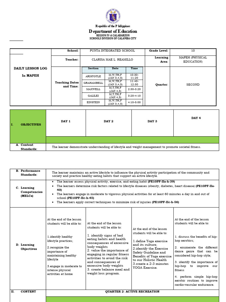 Grade 10 MAPEH Daily Lesson Log | PDF | Physical Fitness | Obesity
